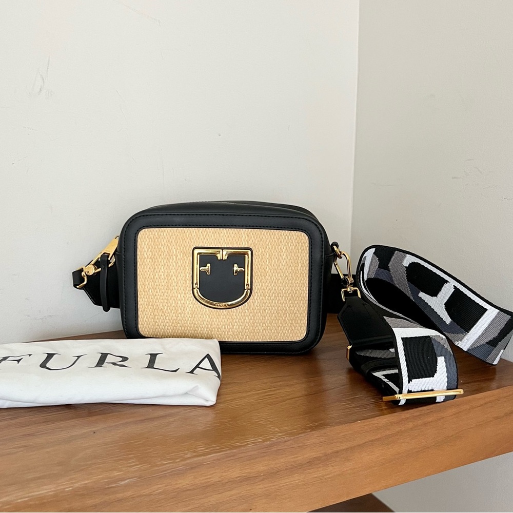 Furla leather raffia Brava camera cross body bag NWOT